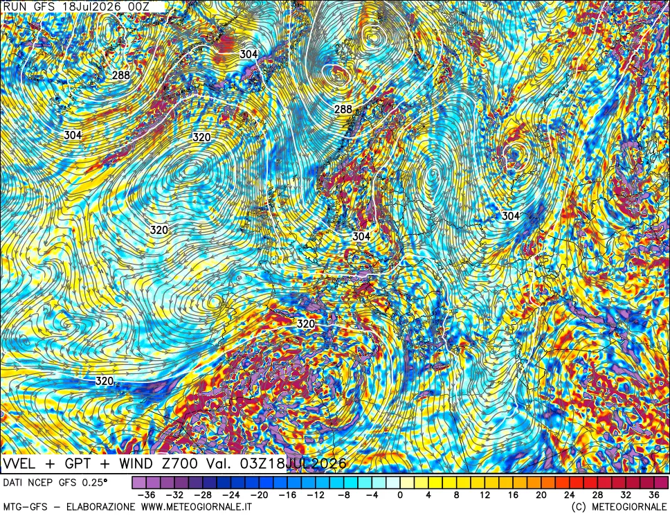 mappa 700 hPa Velocità verticiali + GPT + Vento