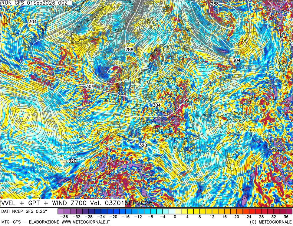 mappa 700 hPa Velocità verticiali + GPT + Vento