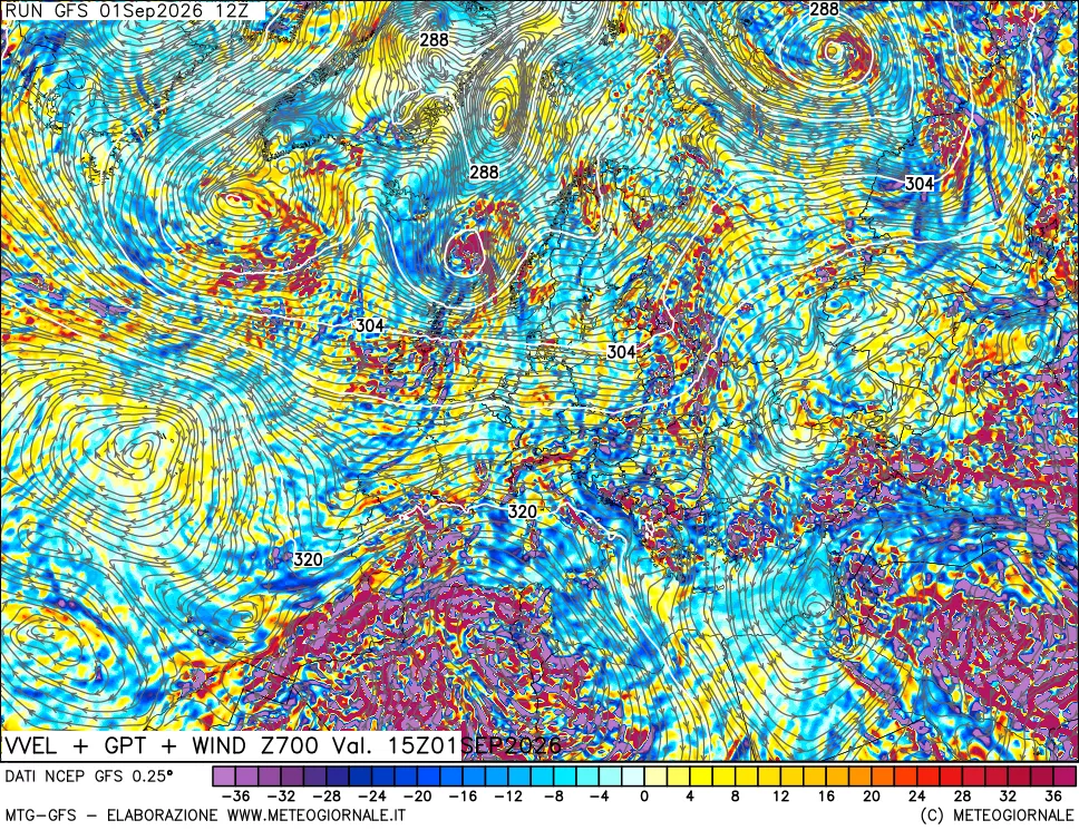 mappa 700 hPa Velocità verticiali + GPT + Vento