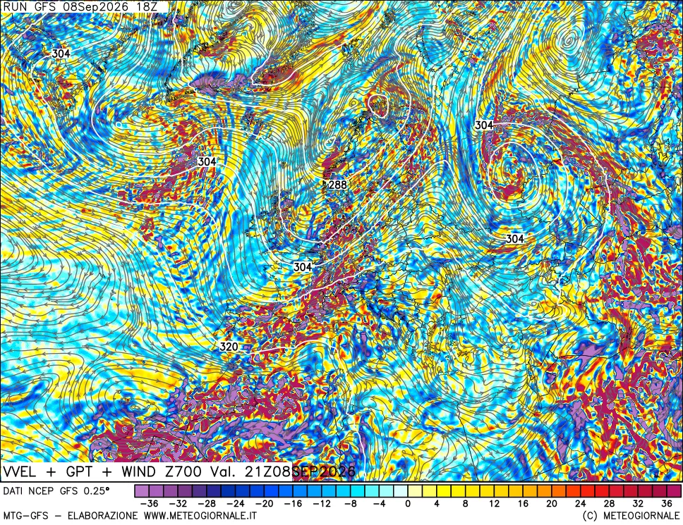 mappa 700 hPa Velocità verticiali + GPT + Vento