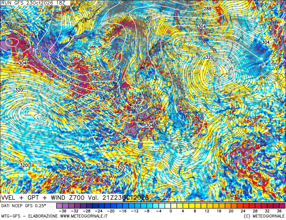 mappa 700 hPa Velocità verticiali + GPT + Vento