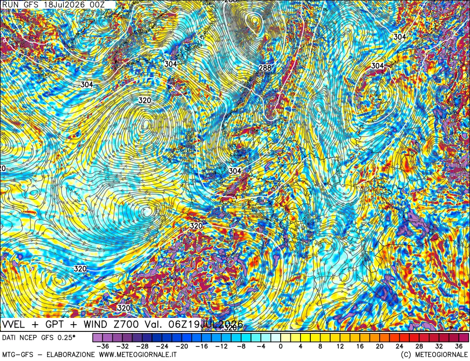 mappa 700 hPa Velocità verticiali + GPT + Vento