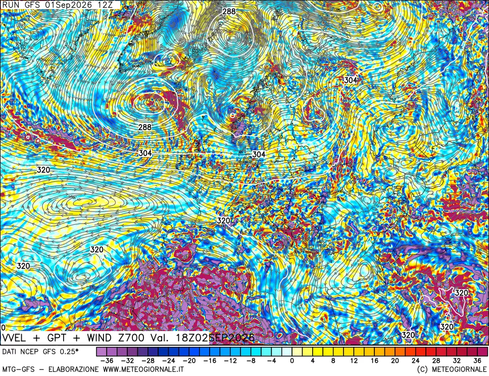 mappa 700 hPa Velocità verticiali + GPT + Vento