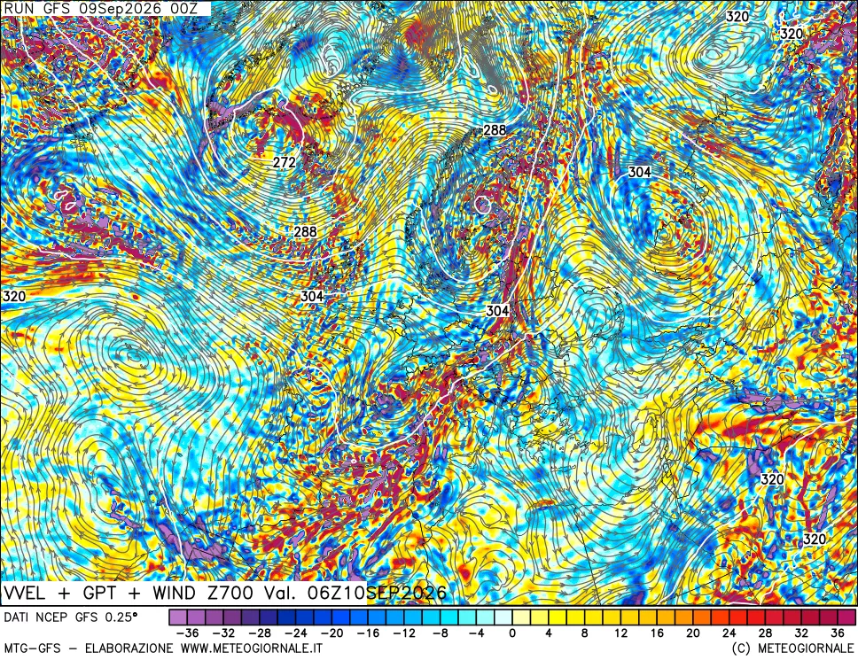 mappa 700 hPa Velocità verticiali + GPT + Vento