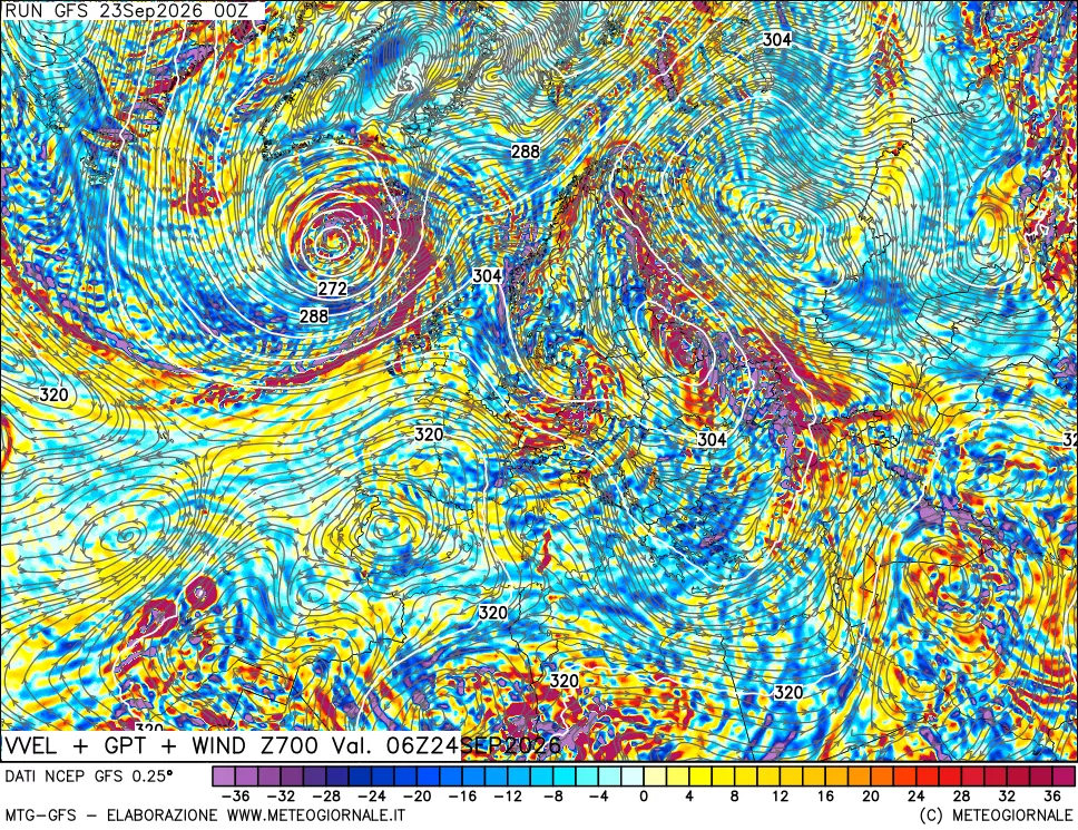 mappa 700 hPa Velocità verticiali + GPT + Vento