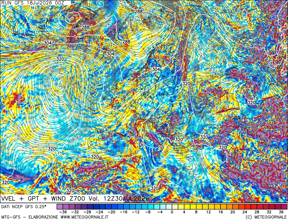 mappa 700 hPa Velocità verticiali + GPT + Vento