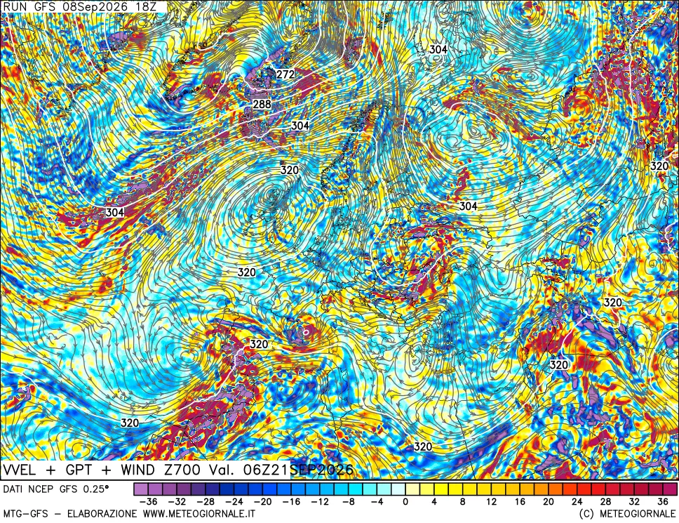 mappa 700 hPa Velocità verticiali + GPT + Vento