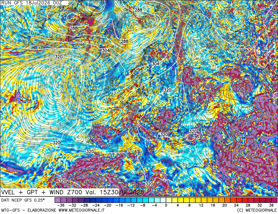 mappa 700 hPa Velocità verticiali + GPT + Vento