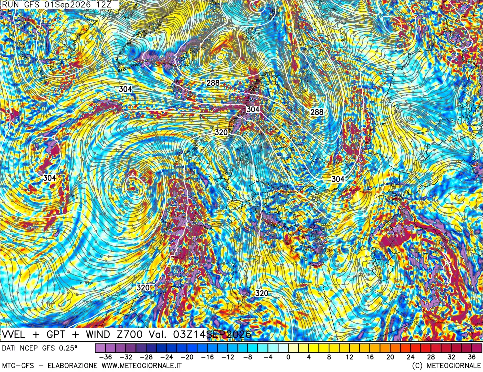 mappa 700 hPa Velocità verticiali + GPT + Vento