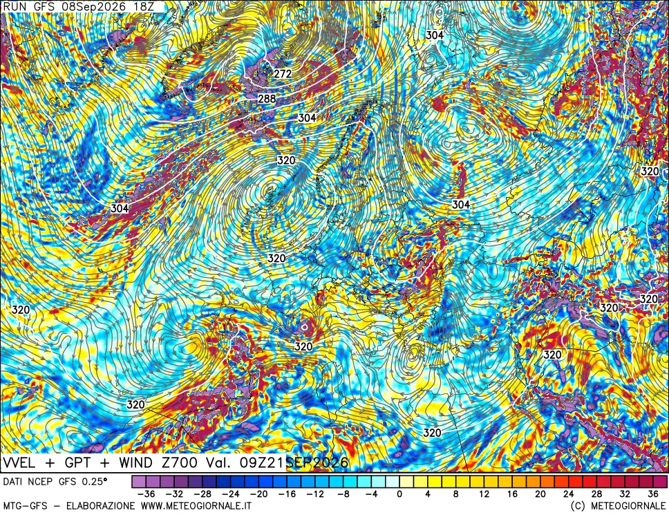 mappa 700 hPa Velocità verticiali + GPT + Vento