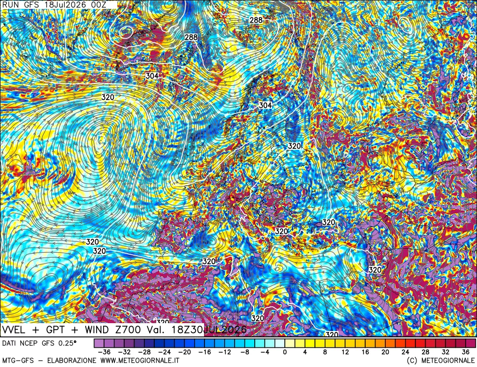 mappa 700 hPa Velocità verticiali + GPT + Vento