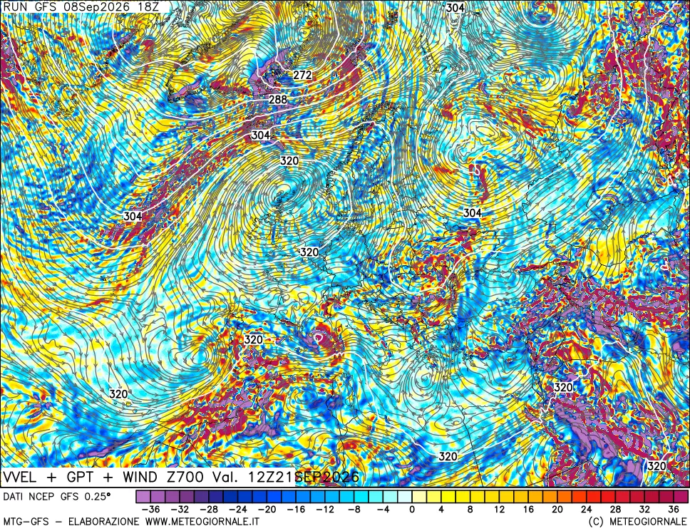 mappa 700 hPa Velocità verticiali + GPT + Vento