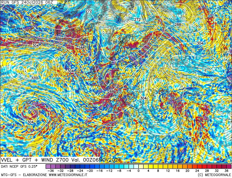 mappa 700 hPa Velocità verticiali + GPT + Vento