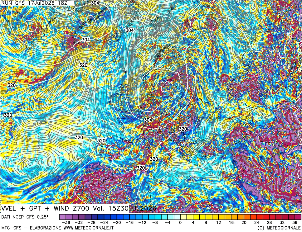 mappa 700 hPa Velocità verticiali + GPT + Vento