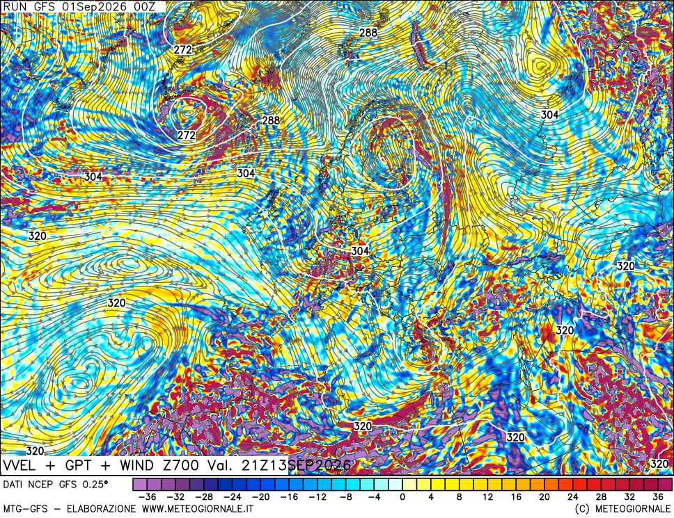 mappa 700 hPa Velocità verticiali + GPT + Vento
