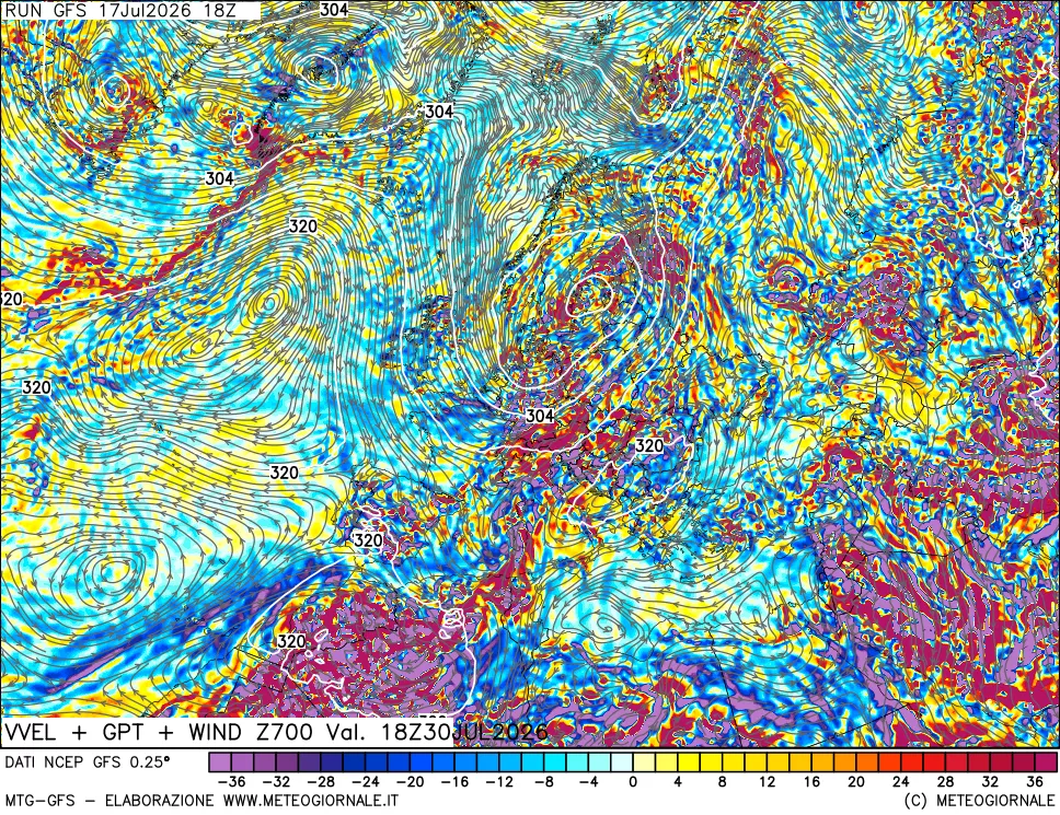 mappa 700 hPa Velocità verticiali + GPT + Vento