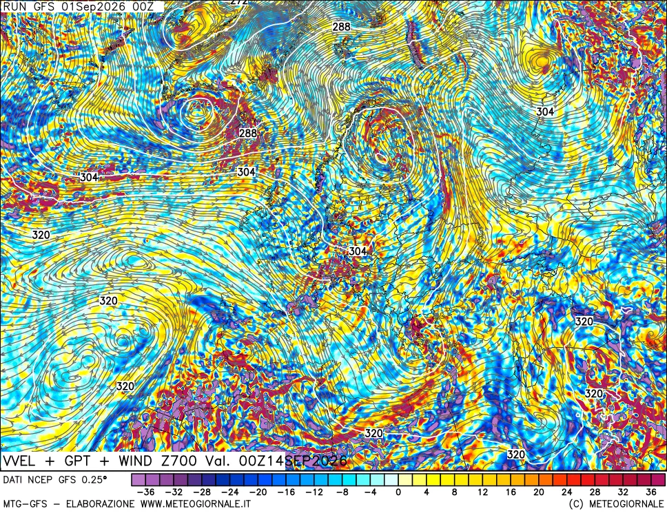 mappa 700 hPa Velocità verticiali + GPT + Vento