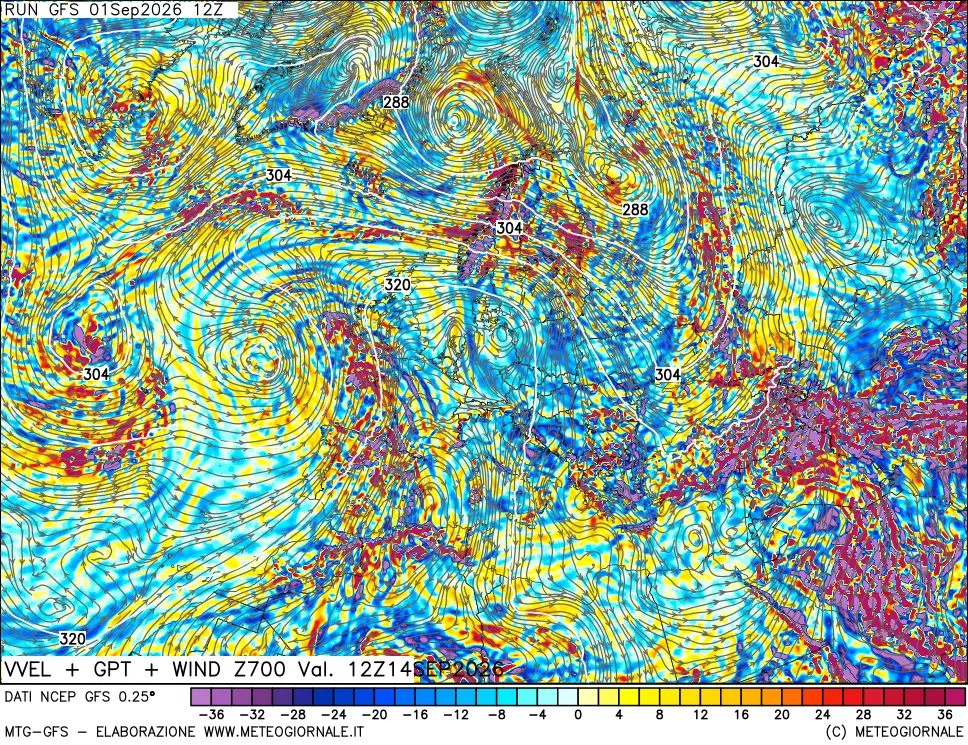 mappa 700 hPa Velocità verticiali + GPT + Vento