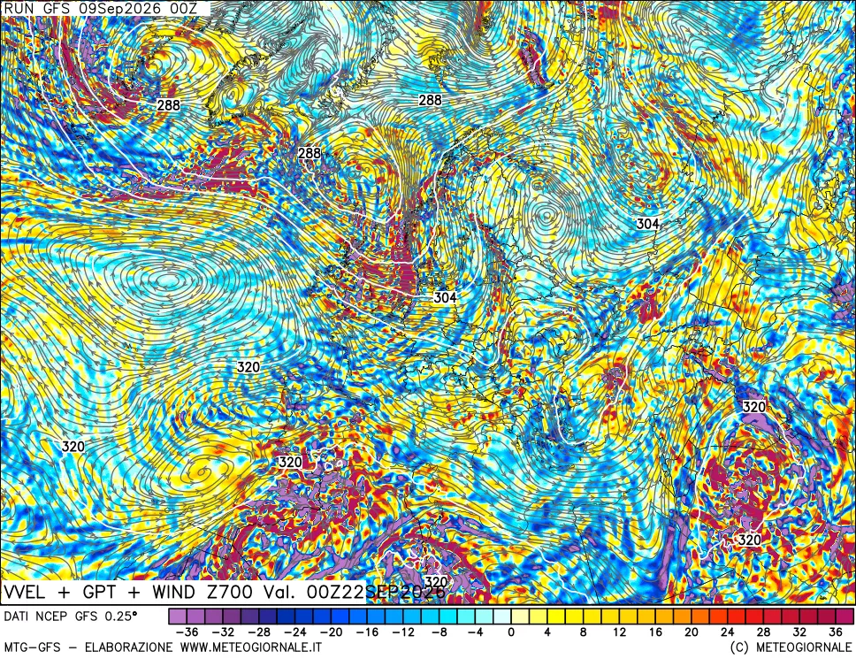 mappa 700 hPa Velocità verticiali + GPT + Vento