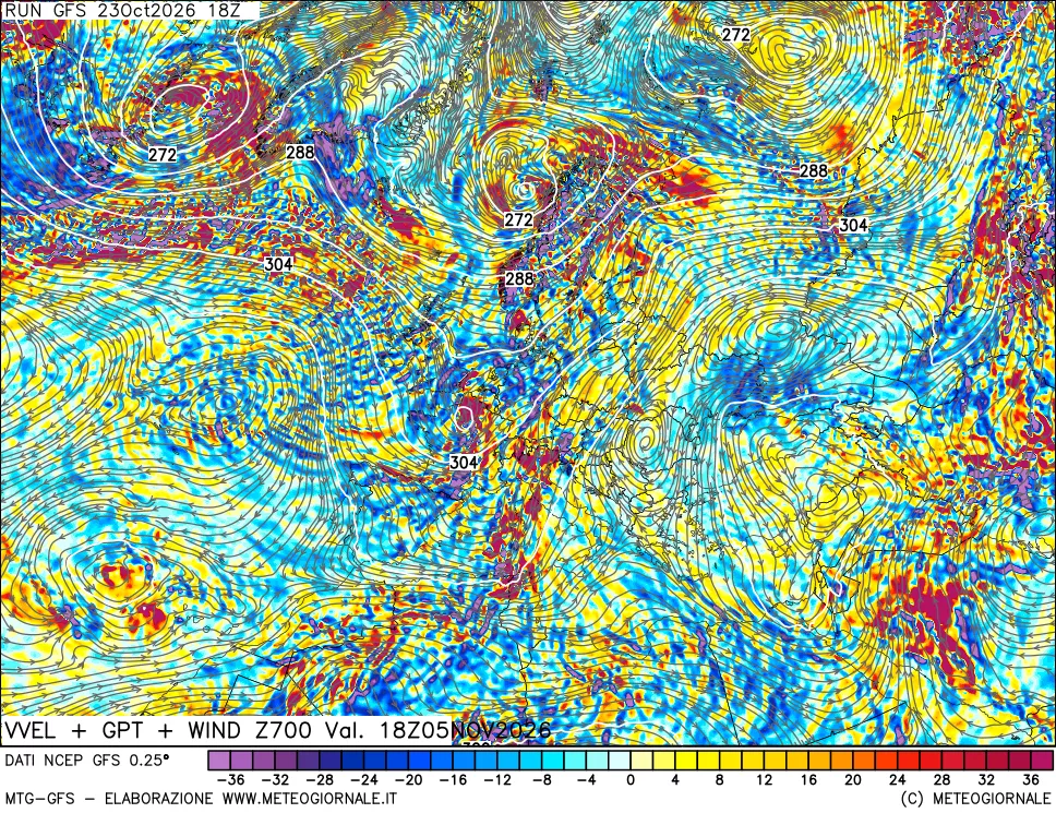mappa 700 hPa Velocità verticiali + GPT + Vento