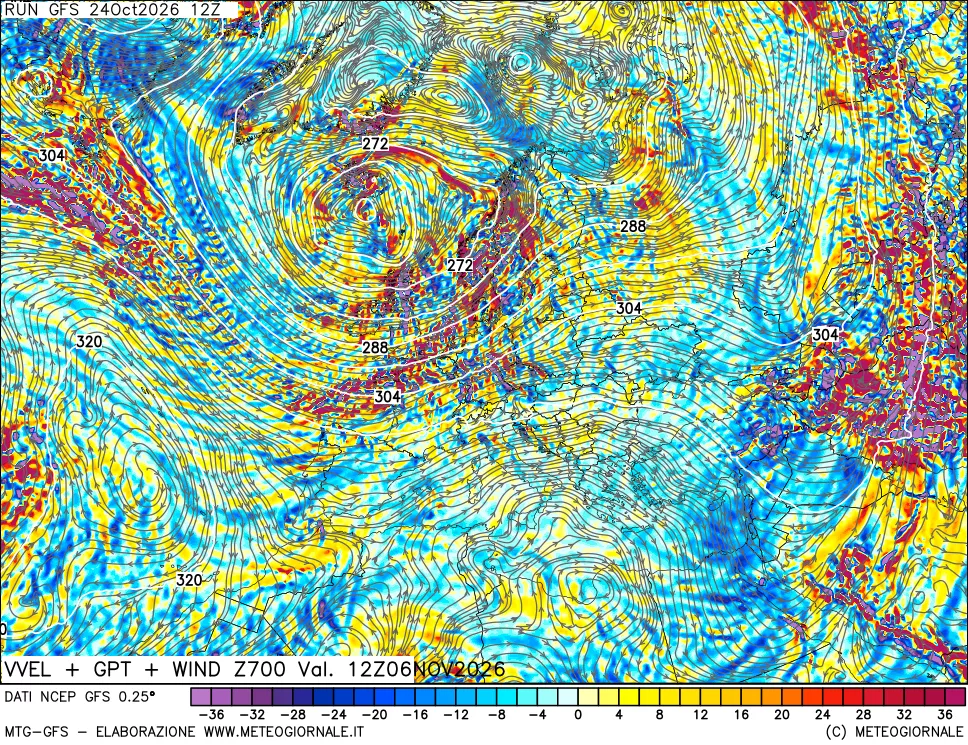 mappa 700 hPa Velocità verticiali + GPT + Vento
