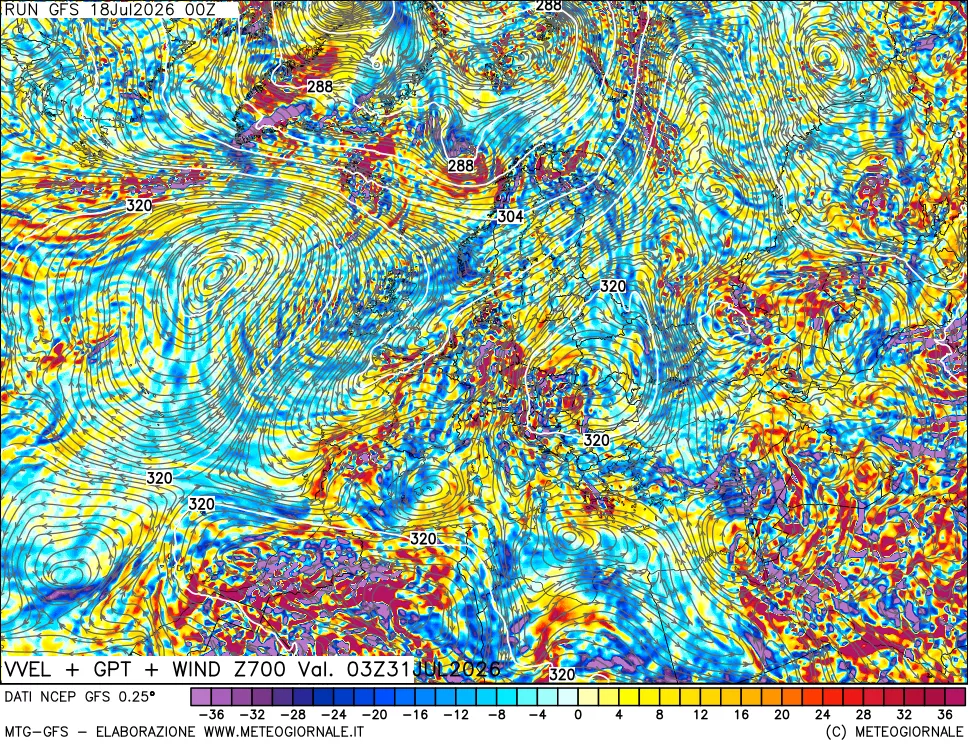 mappa 700 hPa Velocità verticiali + GPT + Vento
