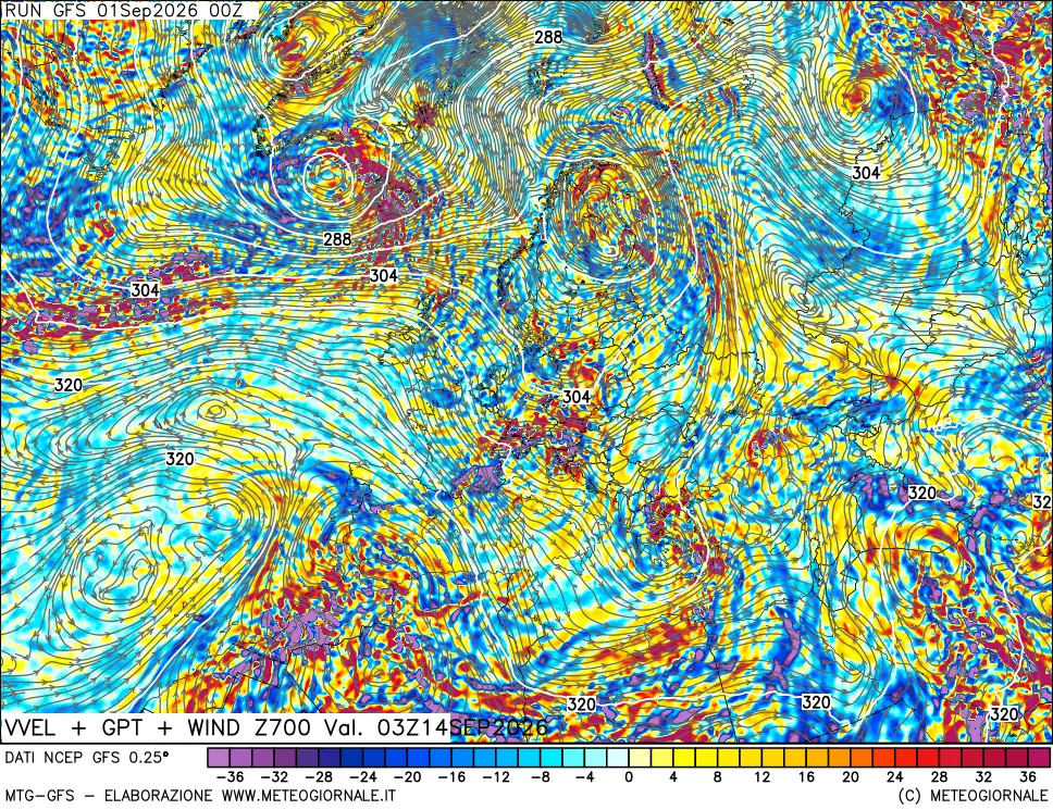 mappa 700 hPa Velocità verticiali + GPT + Vento