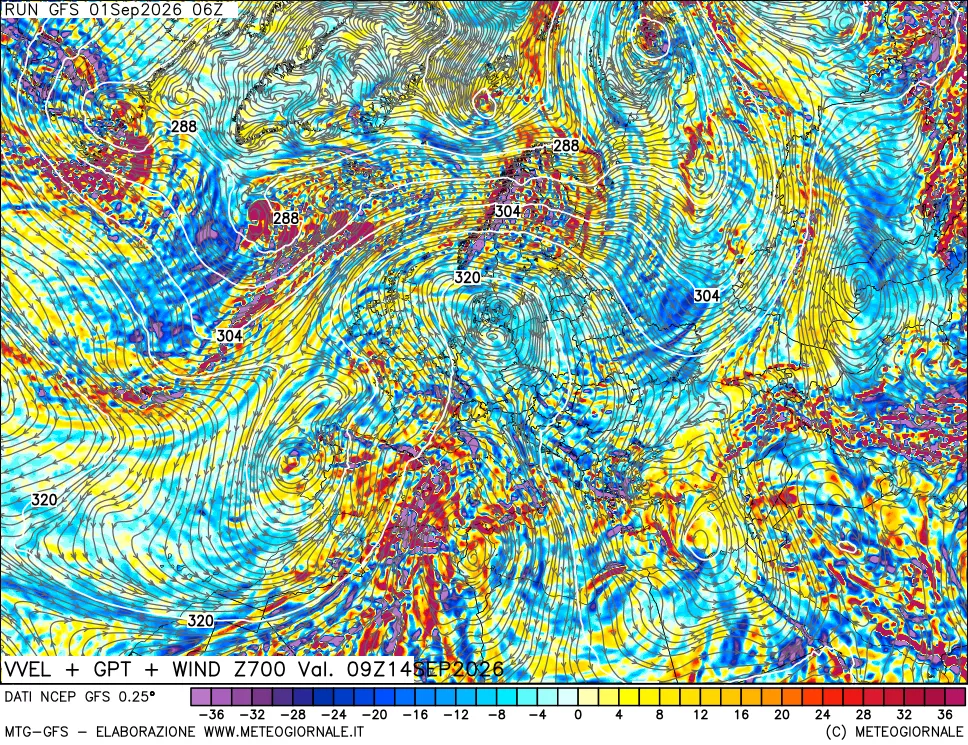 mappa 700 hPa Velocità verticiali + GPT + Vento