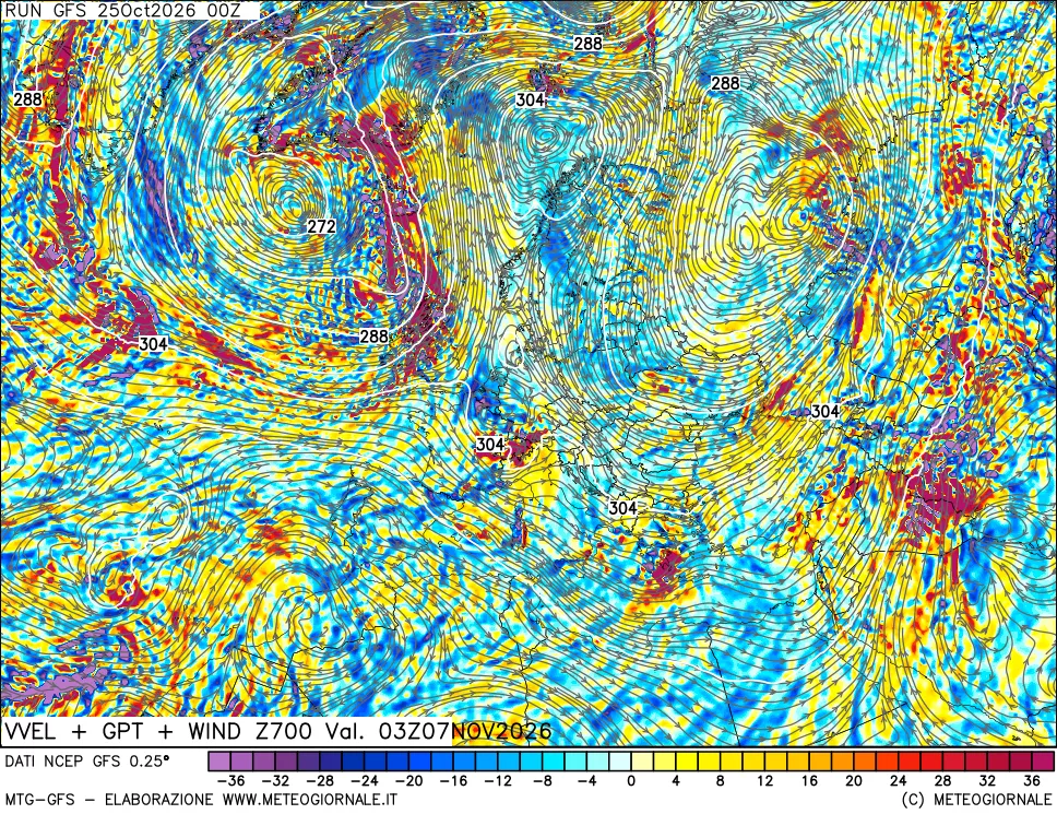 mappa 700 hPa Velocità verticiali + GPT + Vento