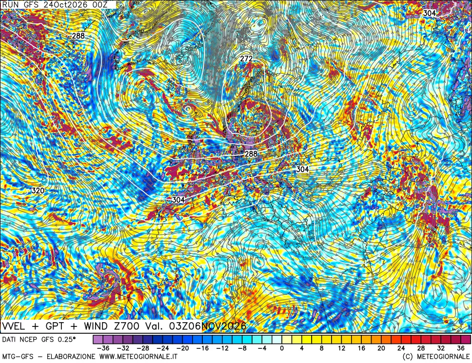 mappa 700 hPa Velocità verticiali + GPT + Vento