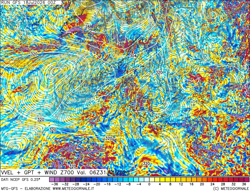 mappa 700 hPa Velocità verticiali + GPT + Vento