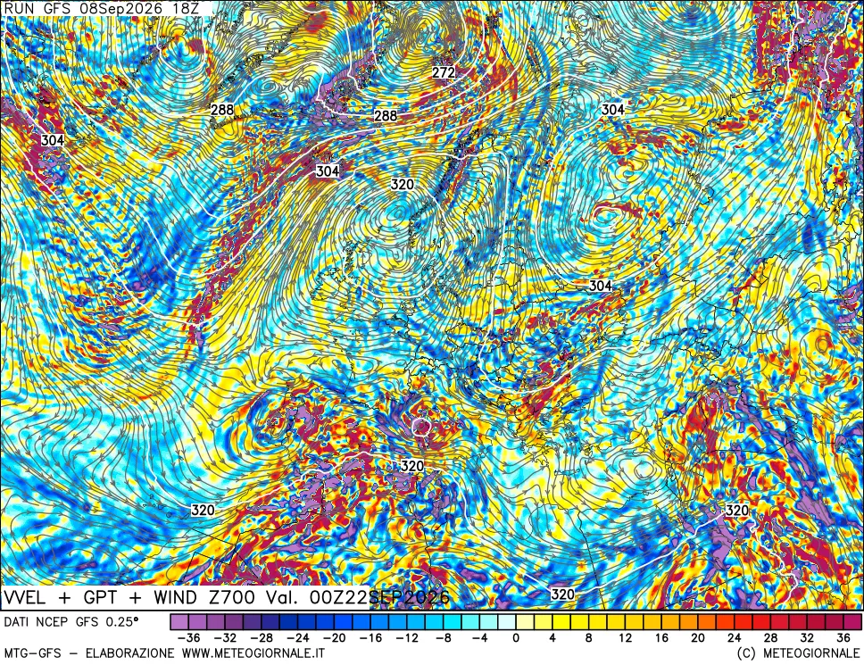 mappa 700 hPa Velocità verticiali + GPT + Vento
