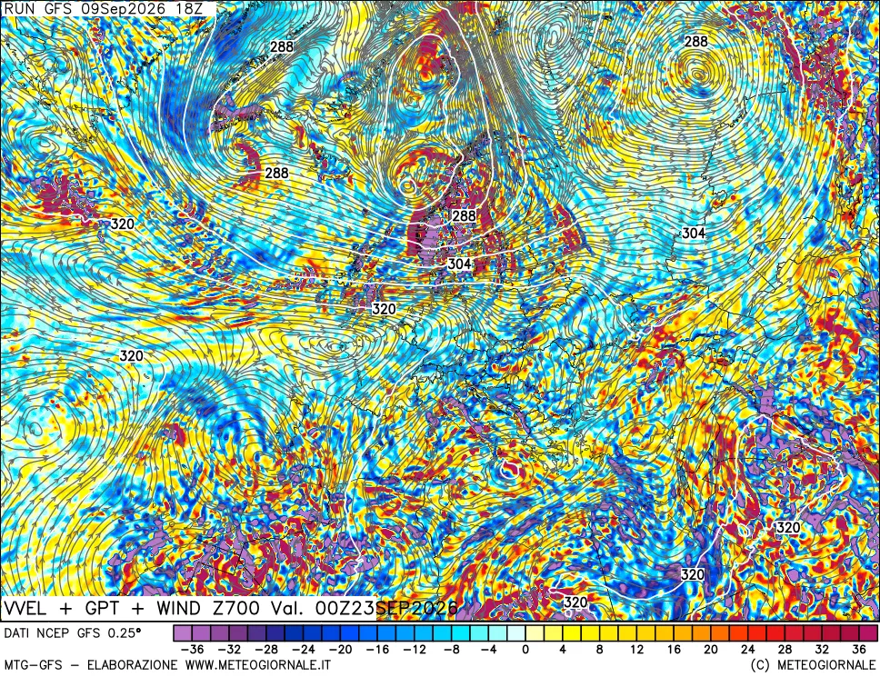 mappa 700 hPa Velocità verticiali + GPT + Vento