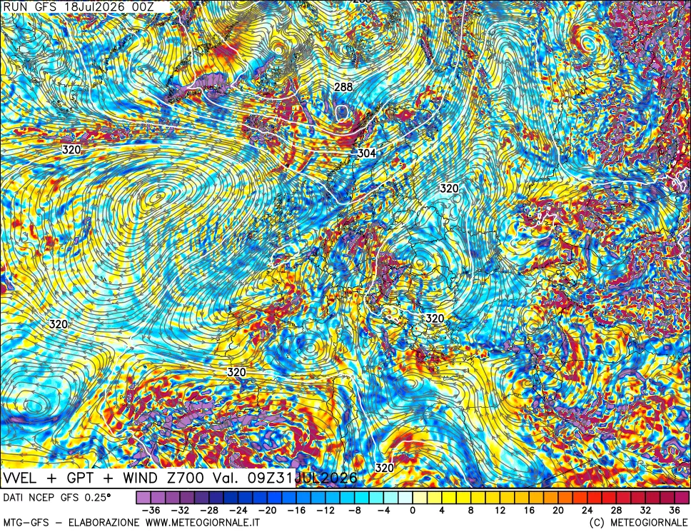 mappa 700 hPa Velocità verticiali + GPT + Vento