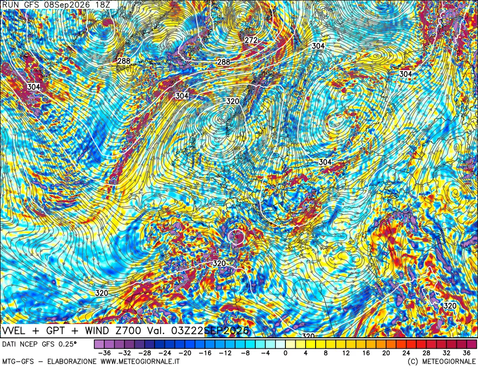 mappa 700 hPa Velocità verticiali + GPT + Vento