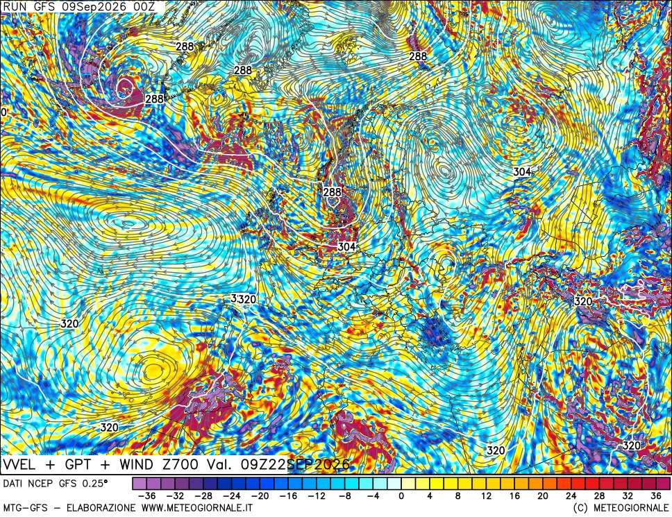 mappa 700 hPa Velocità verticiali + GPT + Vento