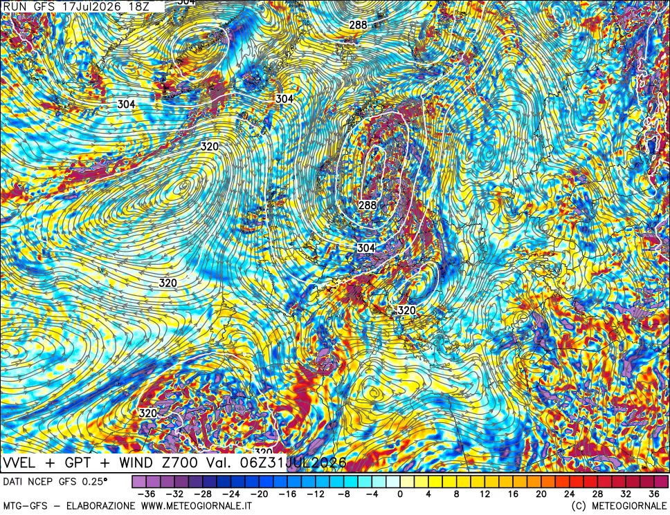 mappa 700 hPa Velocità verticiali + GPT + Vento