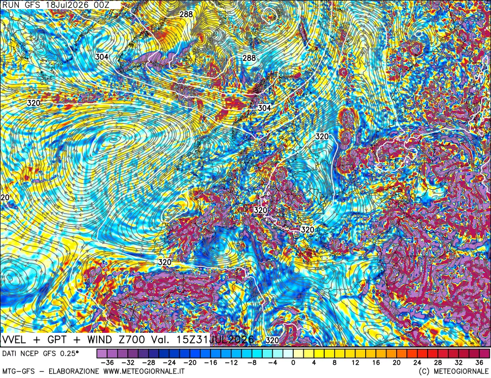 mappa 700 hPa Velocità verticiali + GPT + Vento