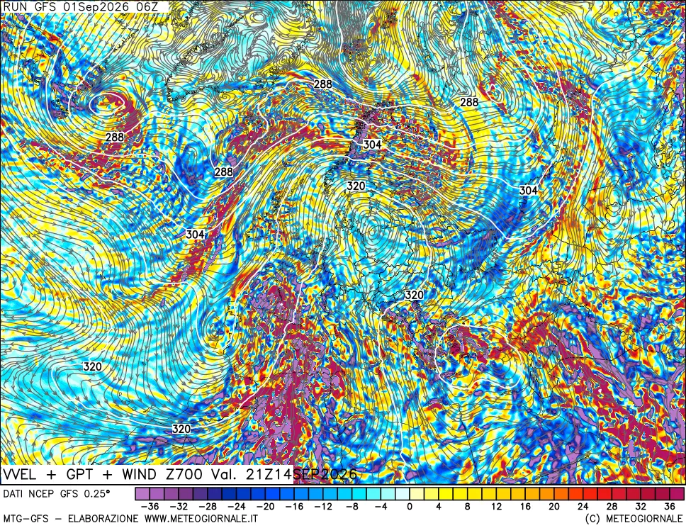mappa 700 hPa Velocità verticiali + GPT + Vento