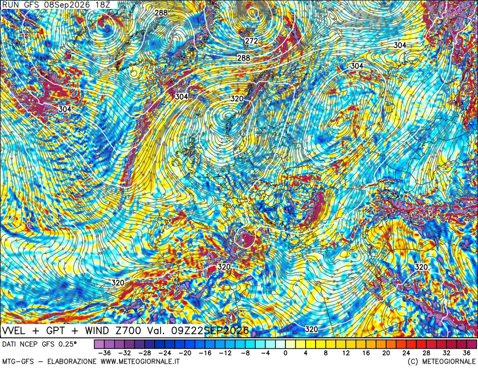 mappa 700 hPa Velocità verticiali + GPT + Vento