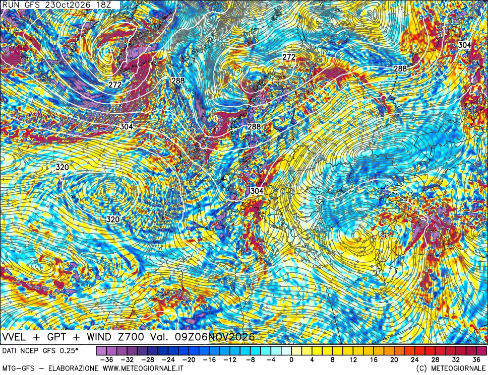 mappa 700 hPa Velocità verticiali + GPT + Vento