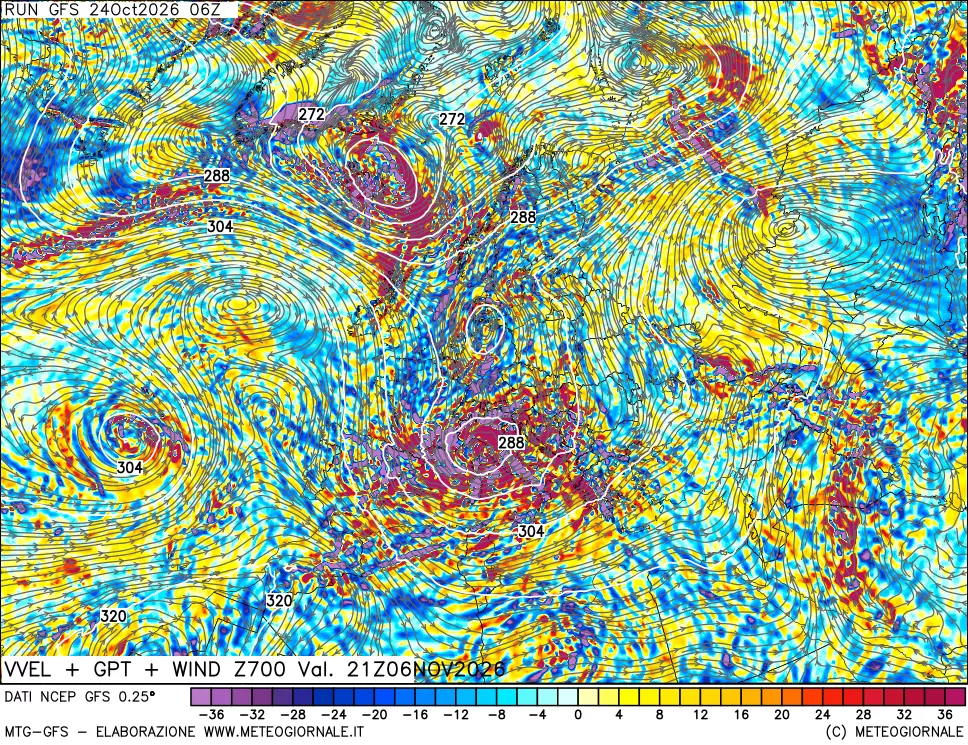 mappa 700 hPa Velocità verticiali + GPT + Vento