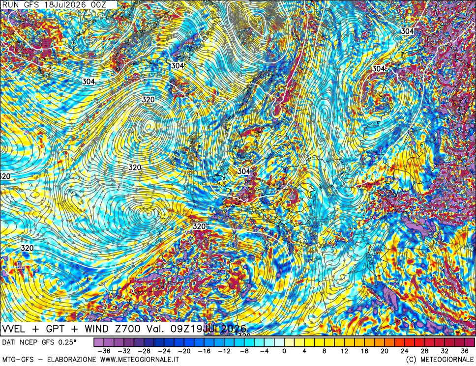 mappa 700 hPa Velocità verticiali + GPT + Vento
