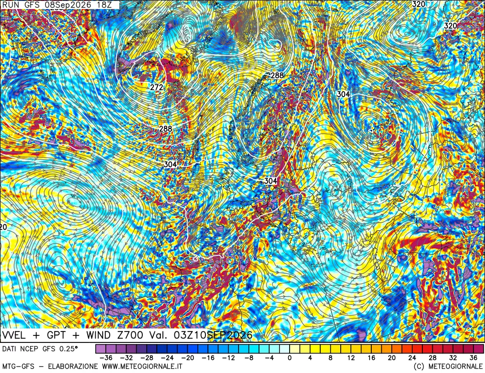 mappa 700 hPa Velocità verticiali + GPT + Vento