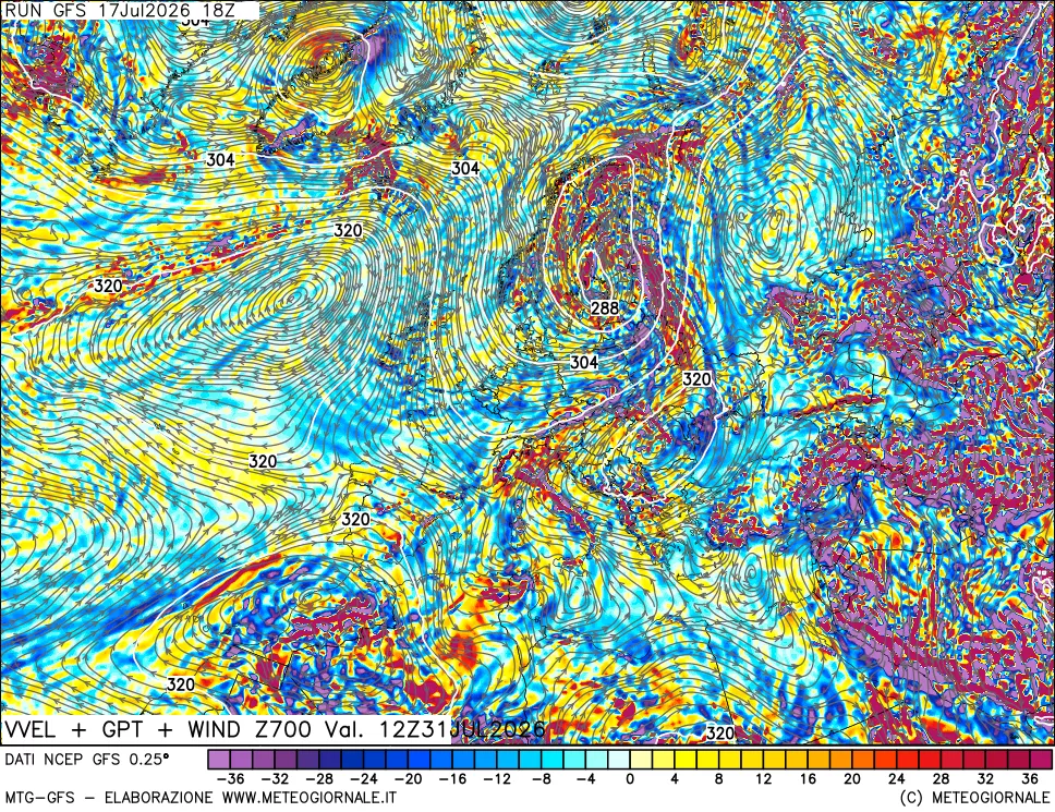 mappa 700 hPa Velocità verticiali + GPT + Vento