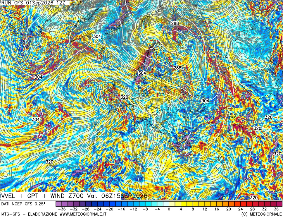 mappa 700 hPa Velocità verticiali + GPT + Vento