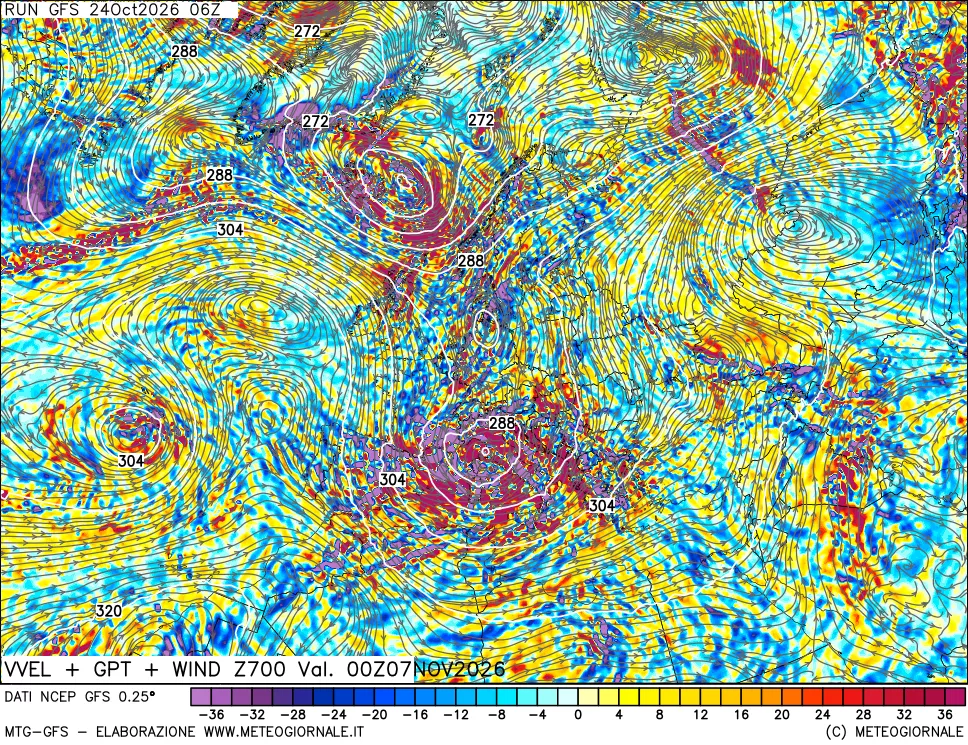 mappa 700 hPa Velocità verticiali + GPT + Vento