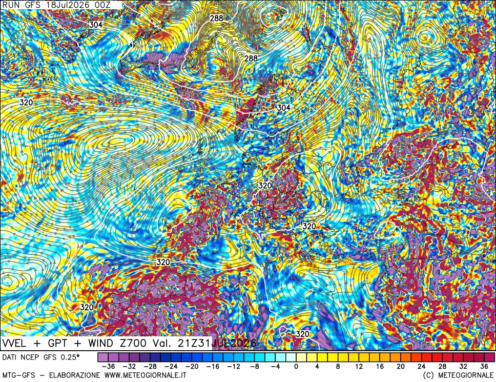 mappa 700 hPa Velocità verticiali + GPT + Vento