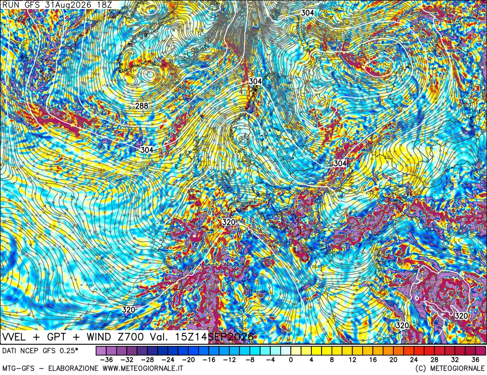 mappa 700 hPa Velocità verticiali + GPT + Vento