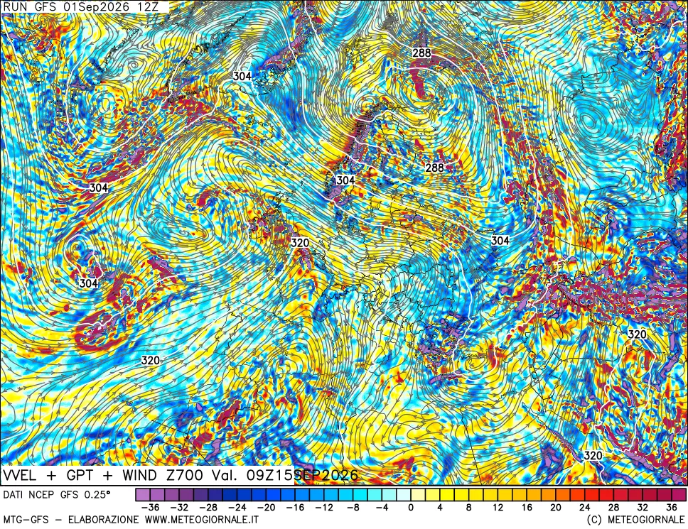 mappa 700 hPa Velocità verticiali + GPT + Vento